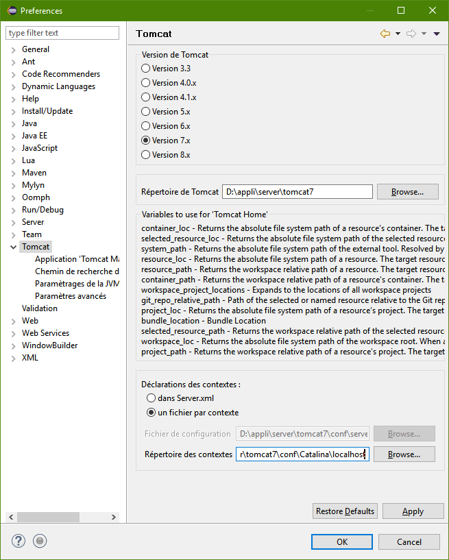 Préferences Plugin Tomcat